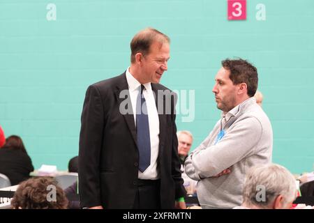 Hereford, Herefordshire, UK – Friday 4th July 2024 – General Election vote counting at Hereford UK – Jesse Norman the Conservative candidate and former MP since 2010 in Hereford and South Herefordshire at the election count - Photo Steven May / Alamy Live News Stock Photo