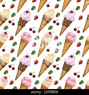 Ice cream waffle cones seamless pattern. Hand drawn cute ice cream with ...