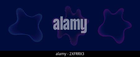 Colorful radial sound wave line pattern set. Circular audio, music, voice icon collection. Linear undulate wavy equalizer spectrum symbol pack. Purple, pink, blue sunburst bundle. Vector soundwaves Stock Vector