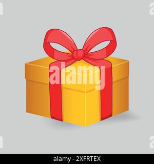 Golden Gift Box with Red Bow, ribbon on top, isolated on white background Stock Vector