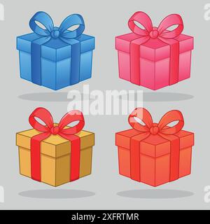 Set of decorative gift boxes with knot tied ribbons. Colorful gold, orange, blue, and pink festive gift box Stock Vector