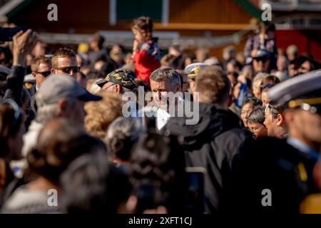 Nuuk, Groenland. 04th July, 2024. King Frederik X upon arrival to Nuuk in Greenland, Thursday, July 4, 2024. The royal couple officially visits Greenland from June 29 to July 6, 2024. The visit begins in Disko Bay and the royal couple then travels with Dannebrog south along Greenland's west coast. (Photo: Ida Marie Odgaard/Ritzau Scanpix) Credit: Ritzau/Alamy Live News Stock Photo