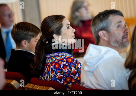 Nuuk, Groenland. 04th July, 2024. Prince Vincent, Queen Mary and King Frederick X at an official reception in the City Council Hall at the Town Hall in Nuuk in Greenland, Thursday, July 4, 2024. The royal couple officially visits Greenland in the days 29. June to 6. July 2024. The visit begins in Disko Bay and the royal couple then travels with Dannebrog south along Greenland's west coast. (Photo: Ida Marie Odgaard/Ritzau Scanpix) Credit: Ritzau/Alamy Live News Stock Photo