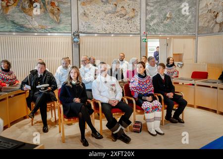 Nuuk, Groenland. 04th July, 2024. Princess Josephine, King Frederick X, Queen Mary and Prince Vincent at an official reception in the City Council Hall at the Town Hall in Nuuk in Greenland, Thursday, July 4, 2024. The royal couple is officially visiting Greenland from June 29 to July 6, 2024. The visit begins in Disko Bay and the royal couple then travels with Dannebrog south along Greenland's west coast. (Photo: Ida Marie Odgaard/Ritzau Scanpix) Credit: Ritzau/Alamy Live News Stock Photo