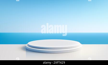3D White Round Platform with Blue Ocean and Blue Sky Background, Minimal Nature Concept for Product Display and Mockup Stock Vector