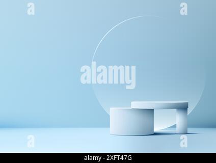 Modern 3D White Podium with Circle Glass Backdrop on Blue Background, Product Display Mockup Stock Vector