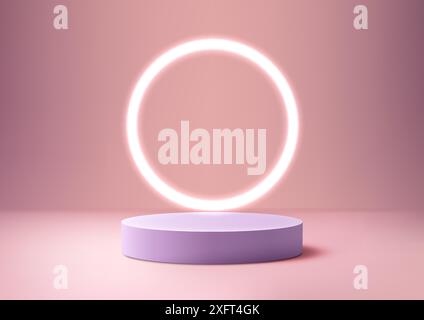 3D Round Purple Podium with Glowing Neon Circle on Pink Background, Minimal Style, Technology Concept, Product Display, Mockup, Showroom, Showcase Stock Vector
