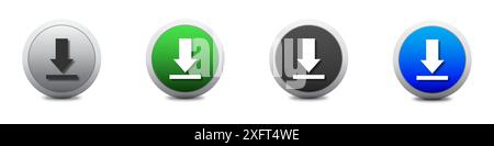 Download icon set. Upload button. Load symbol. Round colourful buttons with shadows under it. Flat vector illustration Stock Vector