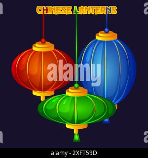 Traditional Chinese three lanterns on dark background. Vector Chinese lamps. Oriental decoration of Chinese culture illustration. Asian Lanterns Stock Vector