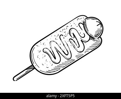 Hand drawn corn dog sketch with sausage and sauce vector illustration isolated on white background. Stock Vector