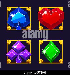 Playing card icons in golden ornament frame. Symbols heart, spade, diamond, and club for your casual game, slots or casino. Stock Vector