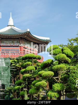 Busan, South Korea - October 7, 2017: Wonderful view of octagonal pavilion on blue sky background at Yongdusan Park. Stock Photo