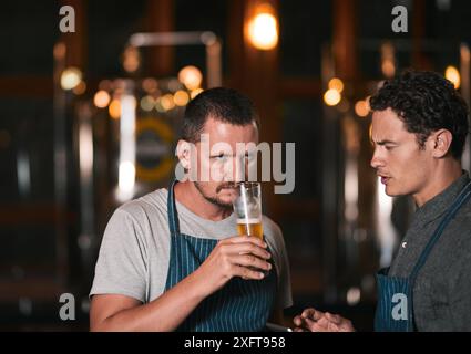 People, men and beer tasting in brewery for manufacturing, ingredients and production with collaboration. Entrepreneur, team and alcohol for Stock Photo
