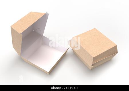High angle view of opened and closed kraft burger box mockup isolated on white Stock Photo