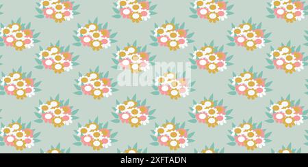 The light blue background showcases a seamless pattern of flowers and leaves, highlighting elements such as petals, plants, and symmetry in a creative Stock Vector