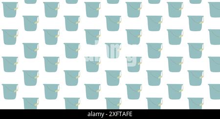 Vector Flat Seamless pattern background of cleaning buckets. Blue white backdrop of watering Gardening tool. Spring clean chores elements in Cartoon s Stock Vector