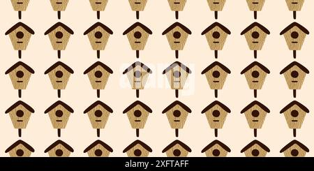 Spring bird house seamless Pattern. Vector Flat background With Hanging Wooden nesting boxes, Template with garden birdhouses for feeding birds. Illus Stock Vector