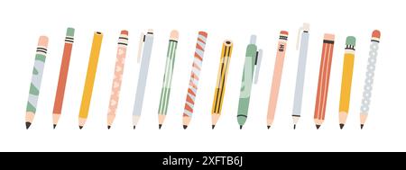 Cute pencil set. Collection of pencils. Cute design in pastel colors. Flat design style vector illustration. Stock Vector