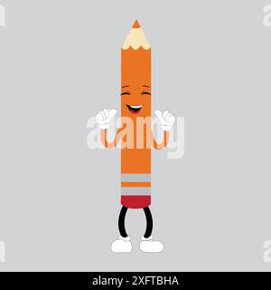 Hand drawn cute illustration school pencil character with smiling face. Flat icon college stationery with rubber in colored doodle style. Education Stock Vector