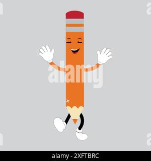 Hand drawn cute illustration school pencil character with smiling face. Flat icon college stationery with rubber in colored doodle style. Education Stock Vector