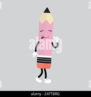 Hand drawn cute illustration school pencil character with smiling face. Flat icon college stationery with rubber in colored doodle style. Education Stock Vector