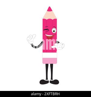 Hand drawn cute illustration school pencil character with smiling face. Flat icon college stationery with rubber in colored doodle style. Education Stock Vector