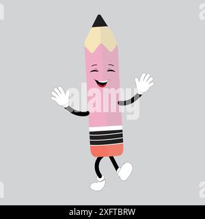 Hand drawn cute illustration school pencil character with smiling face. Flat icon college stationery with rubber in colored doodle style. Education Stock Vector