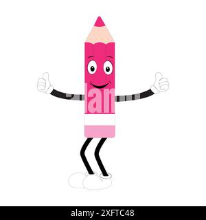 Hand drawn cute illustration school pencil character with smiling face. Flat icon college stationery with rubber in colored doodle style. Education Stock Vector
