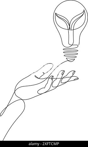 Continuous line drawing of human hand holding light bulb with plant inside. Green energy concept. Minimal style vector illustration Stock Vector