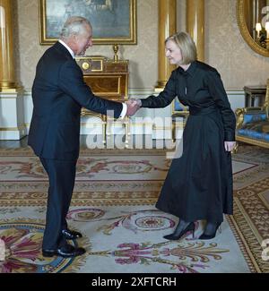 File photo dated 18/09/22 of King Charles III receives Prime Minister Liz Truss in the 1844 Room at Buckingham Palace in London. Liz Truss has lost her seat to Labour, in one of the biggest shocks of election night. Issue date: Friday July 5, 2024. Stock Photo