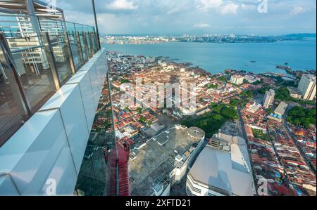 Penang Island,Malaysia-April 26 2023: Stunning view of downtown area of the city,from the rooftop and Observatory Deck of George Town's tallest buildi Stock Photo