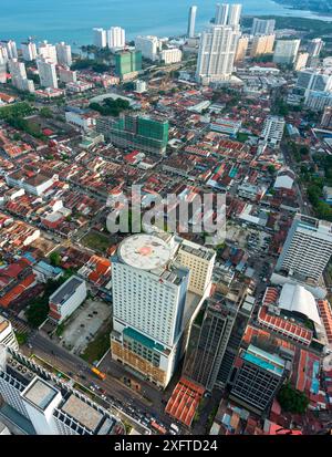 Penang Island,Malaysia-April 26 2023: Stunning view of downtown area of the city,from the rooftop and Observatory Deck of George Town's tallest buildi Stock Photo