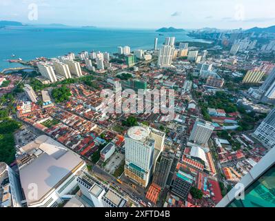 Penang Island,Malaysia-April 26 2023: Stunning view of downtown area of the city,from the rooftop and Observatory Deck of George Town's tallest buildi Stock Photo