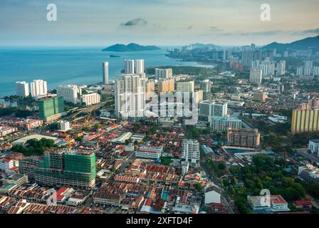 Penang Island,Malaysia-April 26 2023: Stunning view of downtown area of the city,from the rooftop and Observatory Deck of George Town's tallest buildi Stock Photo