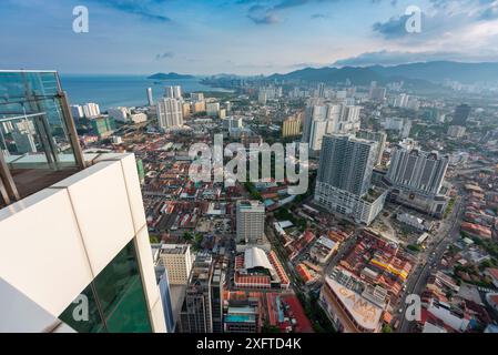 Penang Island,Malaysia-April 26 2023: Stunning view of downtown area of the city,from the rooftop and Observatory Deck of George Town's tallest buildi Stock Photo