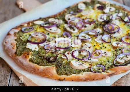 Rucola and basil pesto pizza with mushrooms and vegan cheese. Stock Photo