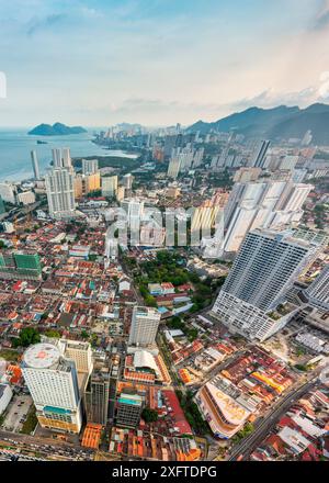 Penang Island,Malaysia-April 26 2023: Stunning view of downtown area of the city,from the rooftop and Observatory Deck of George Town's tallest buildi Stock Photo