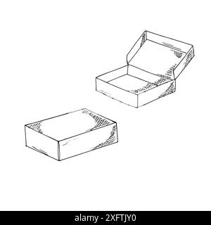 Hand-drawn closed and opened boxes. Craft boxes in sketch style. Isolated on white. Stock Vector