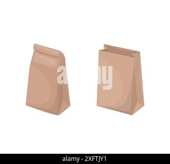 Craft paper bag in cartoon style. Brown closed and opened lunch bags. Food delivery bag. Stock Vector