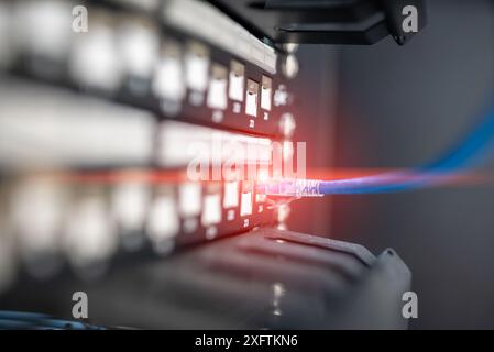 close up of network cables connected to server racks in data center room. Stock Photo