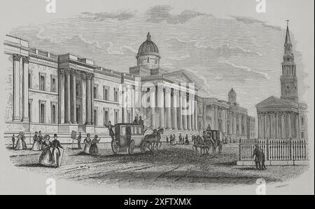 London, England. The National Gallery. The building was designed by the architect William Wilkins (1778-1839) between 1832 and 1838, on the site of the former Royal Mews at Charing Cross. Engraving by Cabanach. 'Los Héroes y las Grandezas de la Tierra' (The Heroes and the Grandeurs of the Earth). Volume VIII. 1856. Stock Photo