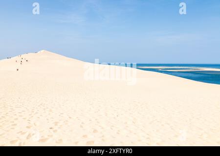 People walking on the Dune du Pilat, also called Grande Dune du Pilat - the tallest sand dune in Europe. La Teste-de-Buch in the Arcachon Bay area, France. July 2015. Stock Photo