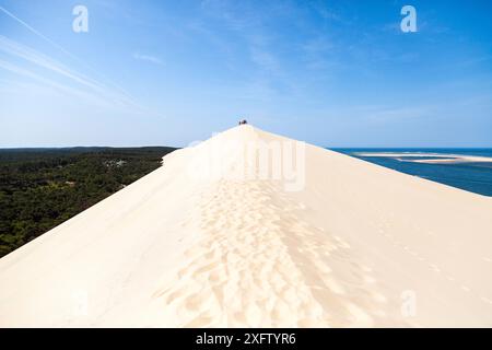 People standing on Dune du Pilat, also called Grande Dune du Pilat - the tallest sand dune in Europe, La Teste-de-Buch in the Arcachon Bay area, France. July 2015. Stock Photo