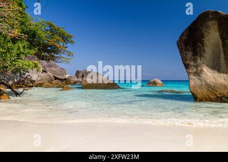 Awesome rock formation in the Similan Islands National Park in southern Thailand highlights this renowned marine park's natural beauty and geological Stock Photo