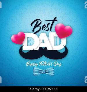 Happy Father's Day Greeting Card Design with Mustache and Red Heart on blue grunge Background. Stock Vector