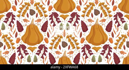 Seamless pattern featuring large butternut squash surrounded by various fall leaves, acorns, and berries. Warm autumn colors like orange, brown, and burgundy. Festive and cozy seasonal pattern Stock Vector