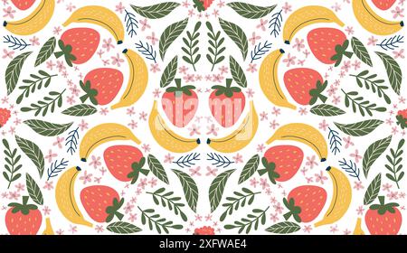 Cheerful seamless pattern featuring illustrations of bananas, red strawberries, pink flowers, and green leaves, arranged in a diamond-shaped design. Modern, organic vector style with flat colors. Stock Vector
