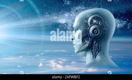 Human technology cyborg android humanoid robot above Earth AI concept Stock Photo