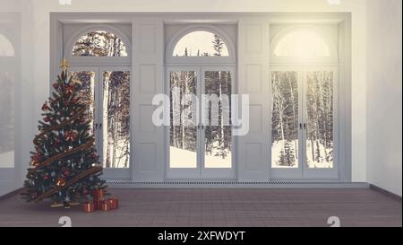 Christmas background room concept with christmas tree and snowy landscape. Christmas tree with red and gold ornaments and red gift boxes in front of w Stock Photo