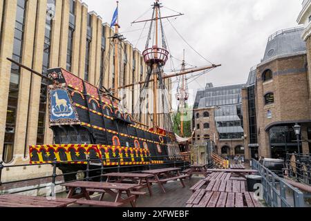 LONDON, GREAT BRITAIN - MAY 13, 2014: This is an exact copy of the Golden Hind galleon, which is located in the eternal parking lot in Southwark. Stock Photo